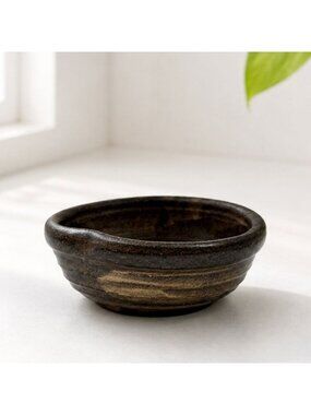 Handmade Rustic Brown Ceramic Bowl With Swirled Glaze - 5" Diameter